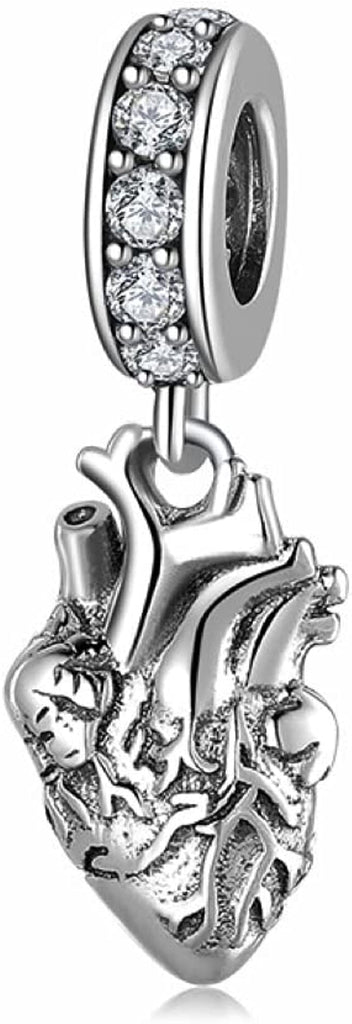 Anatomical Heart Organ Sterling Silver Dangle Pendant Bead Charm - Bolenvi Pandora Disney Chamilia Cartier Tiffany Charm Bead Bracelet Jewelry 