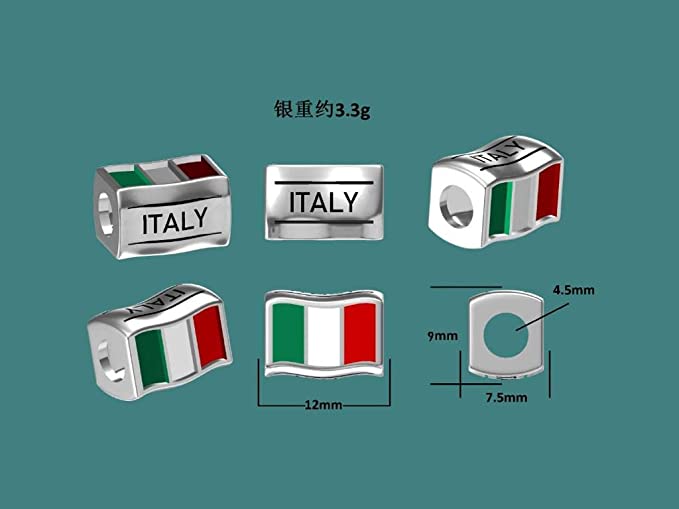 Italy Flags Travel Country Sterling Silver Dangle Pendant Bead Charm - Bolenvi Pandora Disney Chamilia Jewelry 