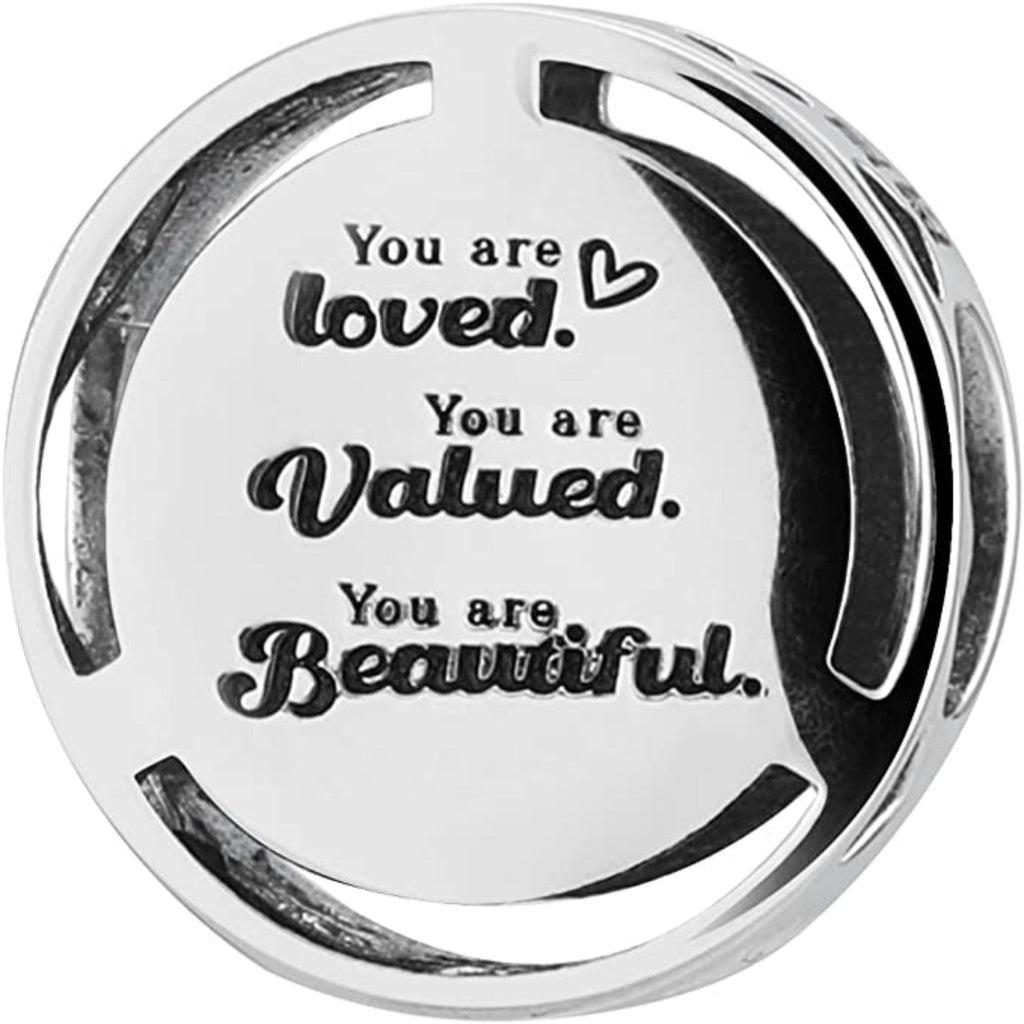 You Are Loved, Valued, Beautiful Sterling Silver Bead Charm - Bolenvi Pandora Disney Chamilia Cartier Tiffany Charm Bead Bracelet Jewelry 