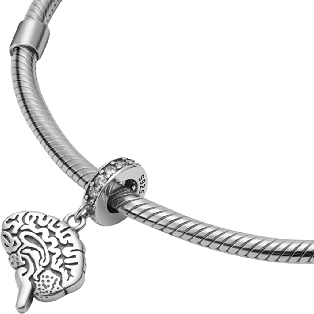 Anatomical Brain Sterling Silver Dangle Pendant Bead Charm - Bolenvi Pandora Disney Chamilia Cartier Tiffany Charm Bead Bracelet Jewelry 