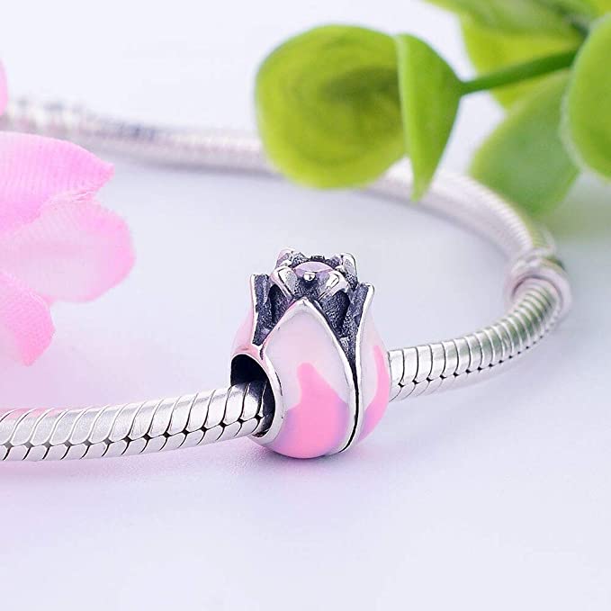 Pink Tulip Flower Sterling Silver Dangle Pendant Bead Charm - Bolenvi Pandora Disney Chamilia Jewelry 