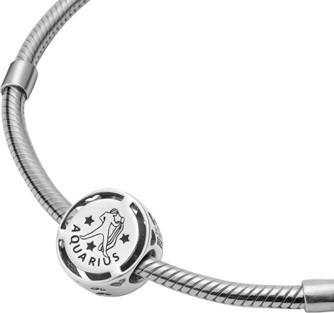 Aquarius Zodiac Sign Sterling Silver Bead Charm - Bolenvi Pandora Disney Chamilia Cartier Tiffany Charm Bead Bracelet Jewelry 