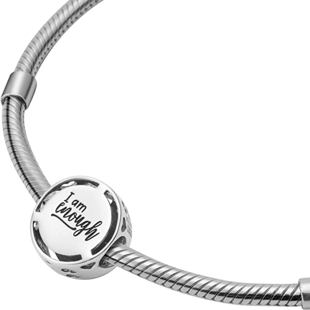 I Am Enough Mantra Sterling Silver Bead Charm - Bolenvi Pandora Disney Chamilia Cartier Tiffany Charm Bead Bracelet Jewelry 