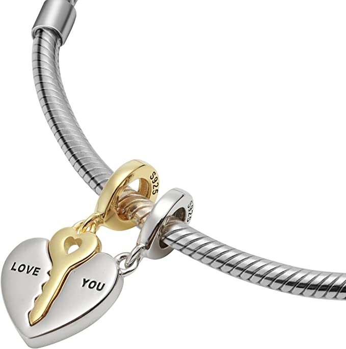 Matching 2pc Love You Heart & Key Sterling Silver Dangle Pendant Bead Charm - Bolenvi Pandora Disney Chamilia Cartier Tiffany Charm Bead Bracelet Jewelry 
