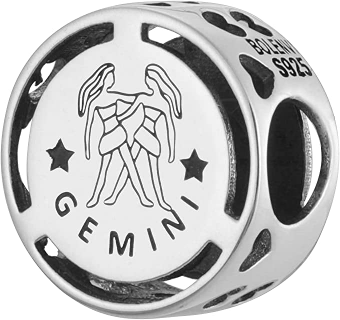 Gemini Zodiac Sign Sterling Silver Bead Charm - Bolenvi Pandora Disney Chamilia Cartier Tiffany Charm Bead Bracelet Jewelry 
