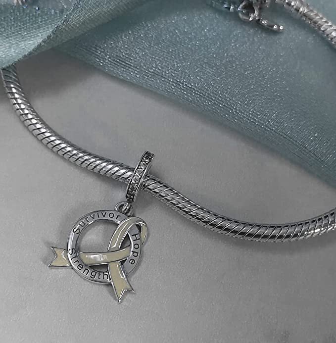 Cancer Ribbon Love Hope Strength Sterling Silver Dangle Pendant Bead Charm - Bolenvi Pandora Disney Chamilia Jewelry 