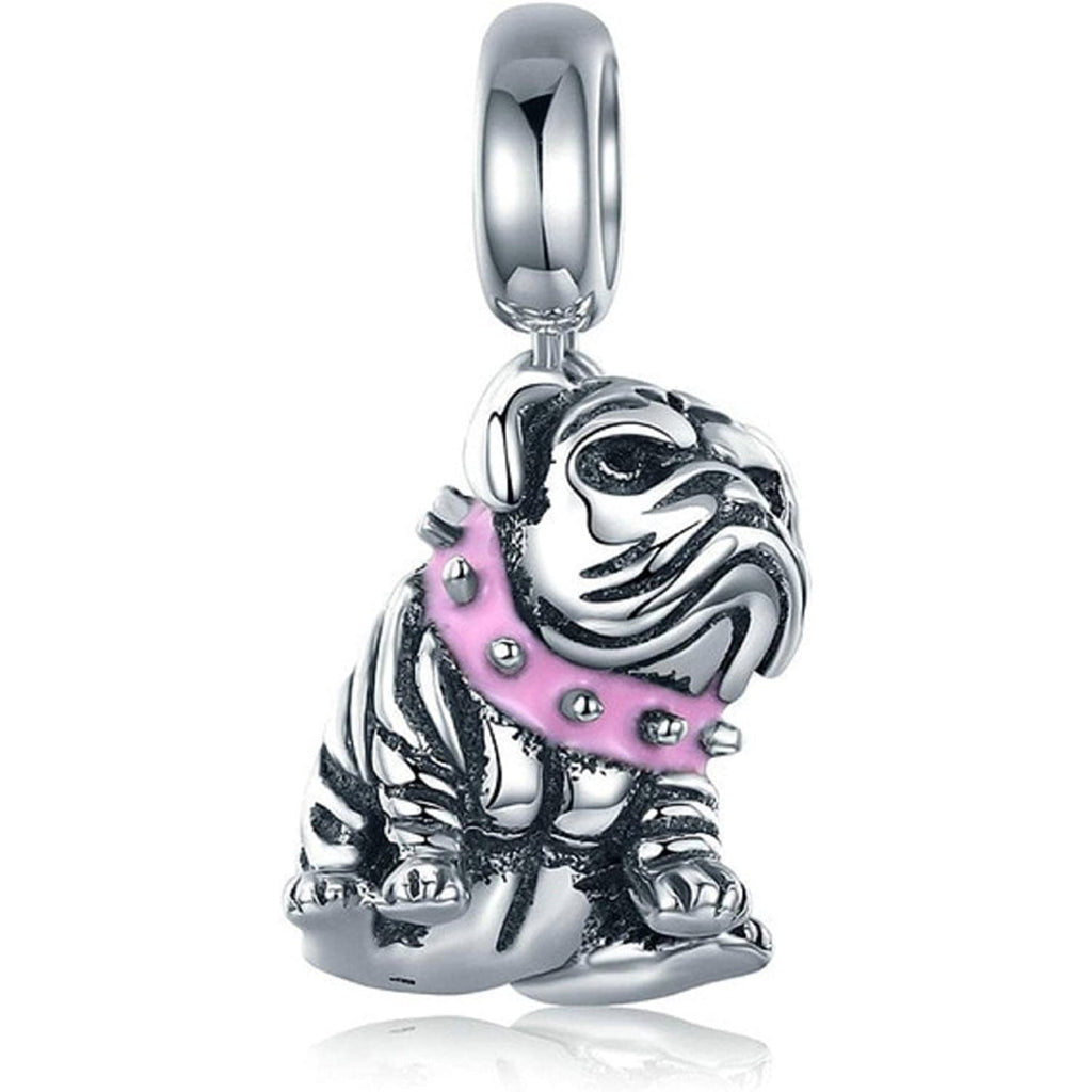 English Bulldog Pink Collar Dog Sterling Silver Dangle Pendant Bead Charm - Bolenvi Pandora Disney Chamilia Cartier Tiffany Charm Bead Bracelet Jewelry 