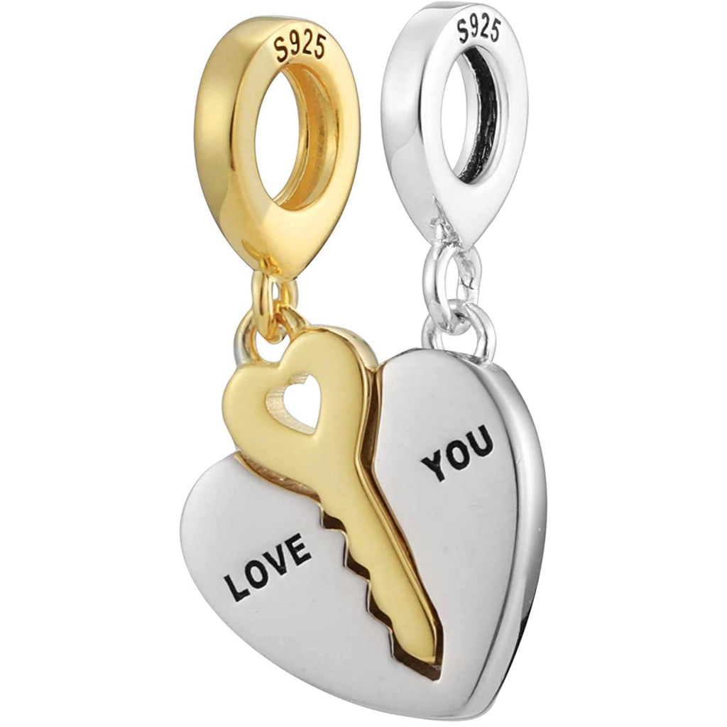 Matching 2pc Love You Heart & Key Sterling Silver Dangle Pendant Bead Charm - Bolenvi Pandora Disney Chamilia Cartier Tiffany Charm Bead Bracelet Jewelry 