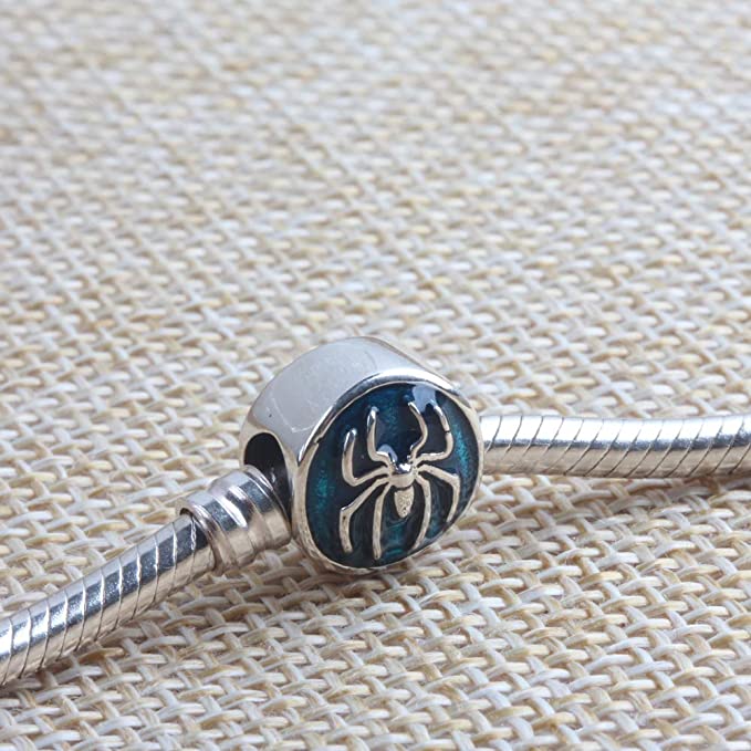 Spider Blue Enamel Sterling Silver Bead Charm - Bolenvi Pandora Disney Chamilia Cartier Tiffany Charm Bead Bracelet Jewelry 