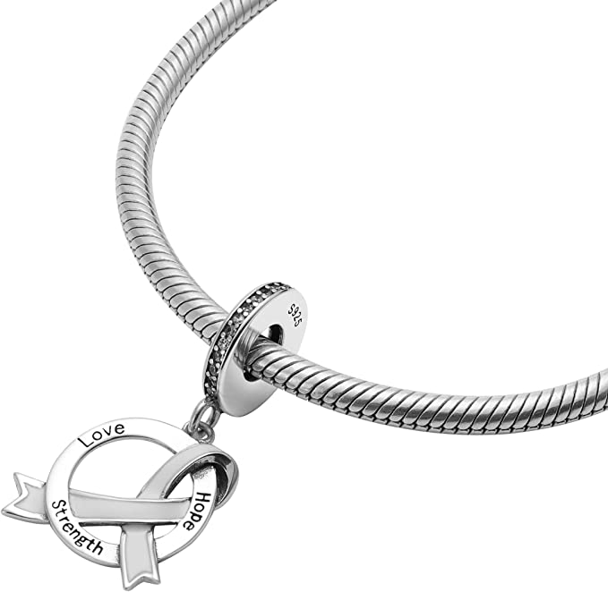 Cancer Ribbon Love Hope Strength Sterling Silver Dangle Pendant Bead Charm - Bolenvi Pandora Disney Chamilia Jewelry 