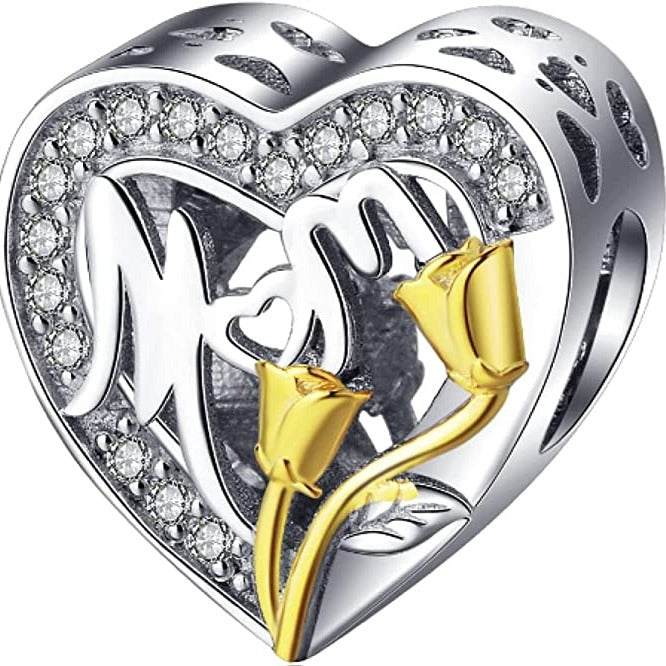 Mom Gold Tulip Heart Sterling Silver Dangle Pendant Bead Charm - Bolenvi Pandora Disney Chamilia Jewelry 