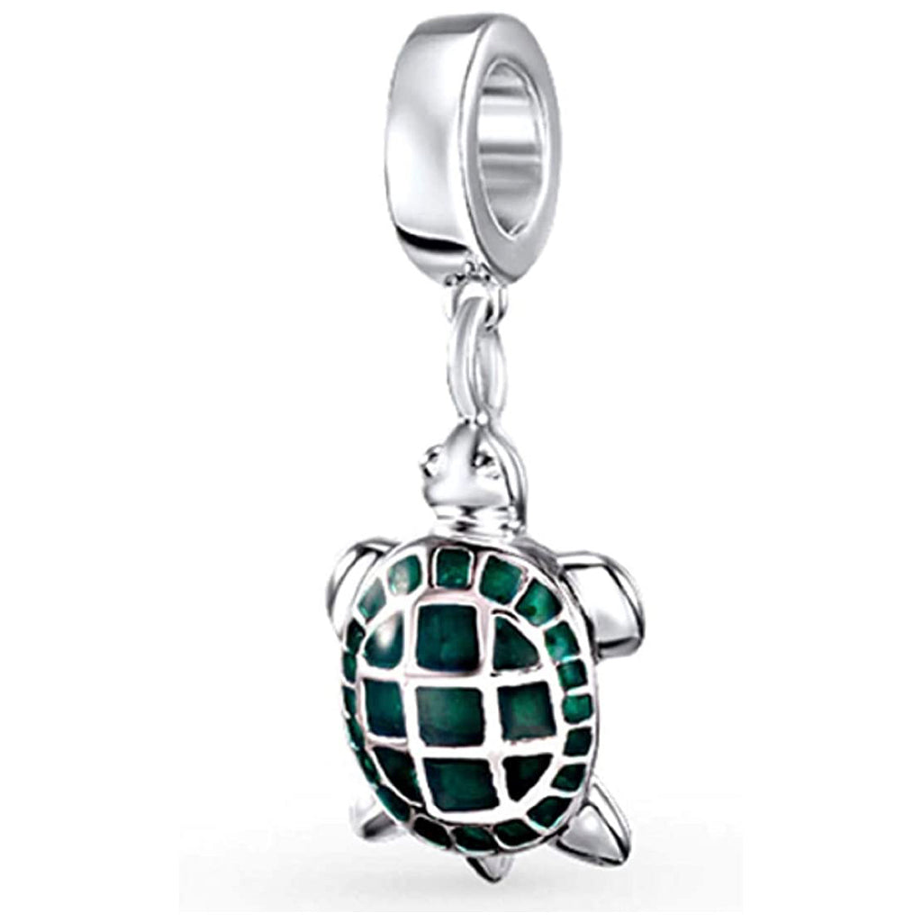 Green Turtle Tortoise Sterling Silver Dangle Pendant Bead Charm - Bolenvi Pandora Disney Chamilia Cartier Tiffany Charm Bead Bracelet Jewelry 
