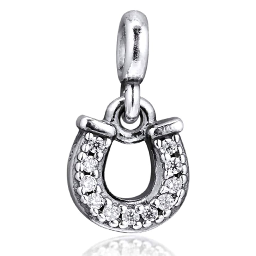 Crystallized Lucky Horseshoe Sterling Silver Dangle Pendant Bead Charm - Bolenvi Pandora Disney Chamilia Cartier Tiffany Charm Bead Bracelet Jewelry 
