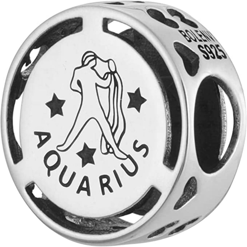 Aquarius Zodiac Sign Sterling Silver Bead Charm - Bolenvi Pandora Disney Chamilia Cartier Tiffany Charm Bead Bracelet Jewelry 