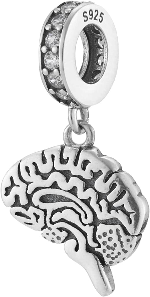 Anatomical Brain Sterling Silver Dangle Pendant Bead Charm - Bolenvi Pandora Disney Chamilia Cartier Tiffany Charm Bead Bracelet Jewelry 