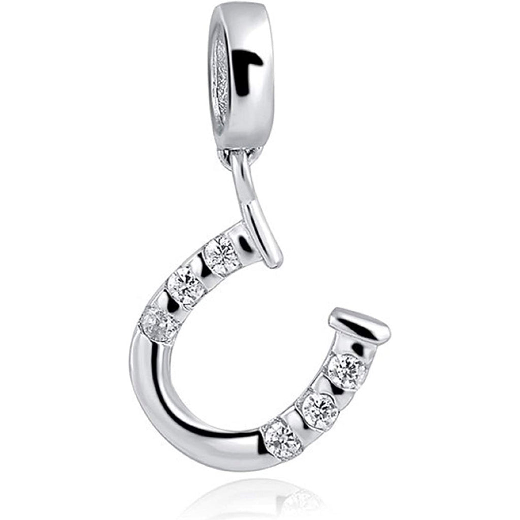 Crystal Horseshoe Sterling Silver Dangle Pendant Bead Charm - Bolenvi Pandora Disney Chamilia Cartier Tiffany Charm Bead Bracelet Jewelry 