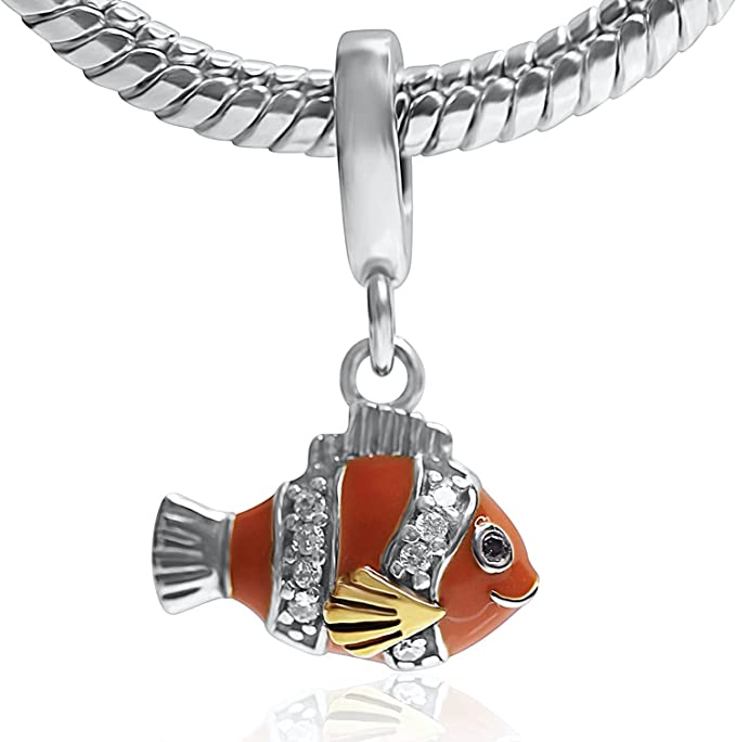 Orange Clownfish Ocean Fish Sterling Silver Dangle Pendant Bead Charm - Bolenvi Pandora Disney Chamilia Cartier Tiffany Charm Bead Bracelet Jewelry 