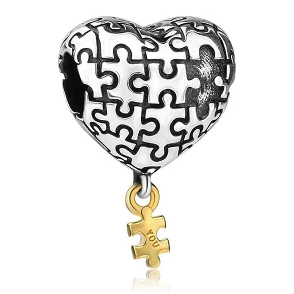Missing Puzzle Piece Heart Valentines Day Sterling Silver Dangle Pendant Bead Charm - Bolenvi Pandora Disney Chamilia Jewelry 