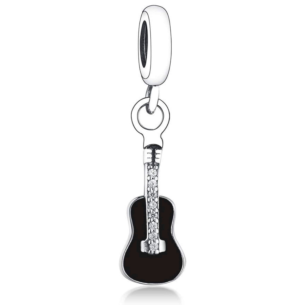 Black Guitar "You Rock" Sterling Silver Dangle Pendant Bead Charm - Bolenvi Pandora Disney Chamilia Jewelry 