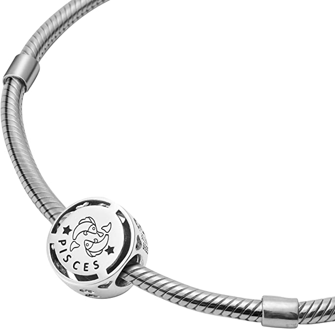 Pisces Zodiac Sign Sterling Silver Bead Charm - Bolenvi Pandora Disney Chamilia Cartier Tiffany Charm Bead Bracelet Jewelry 