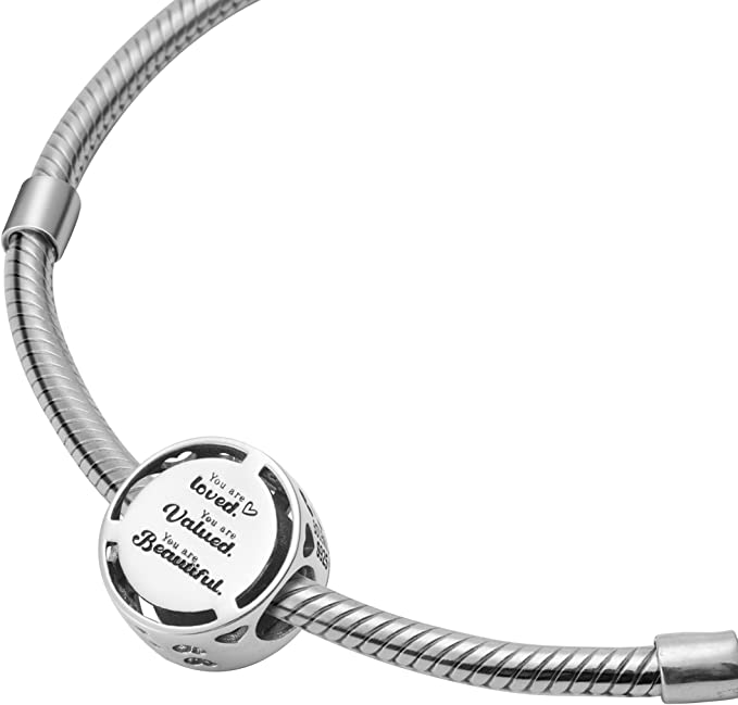 You Are Loved, Valued, Beautiful Sterling Silver Bead Charm - Bolenvi Pandora Disney Chamilia Cartier Tiffany Charm Bead Bracelet Jewelry 