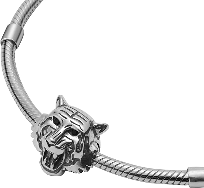 Roaring Tiger Head Sterling Silver Bead Charm - Bolenvi Pandora Disney Chamilia Cartier Tiffany Charm Bead Bracelet Jewelry 