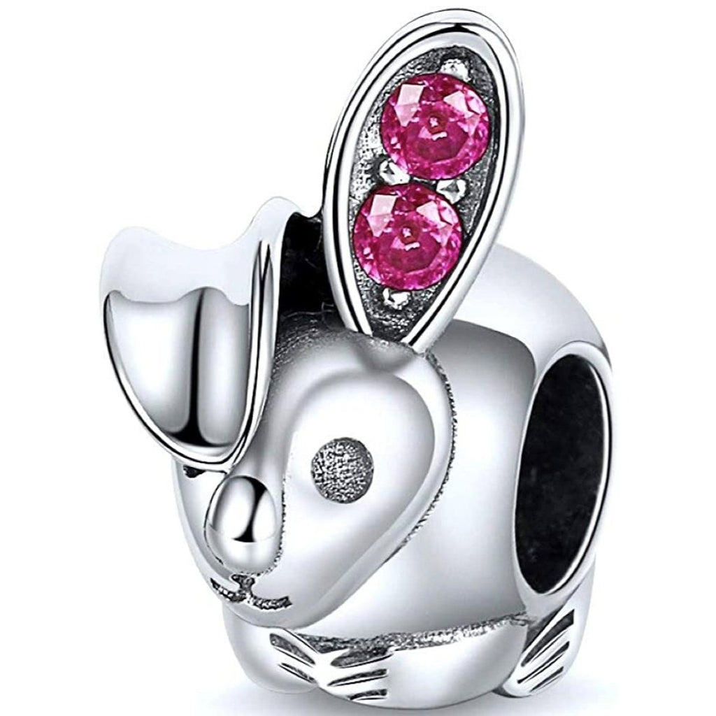 Pink Crystal Rabbit Bunny Sterling Silver Bead Charm - Bolenvi Pandora Disney Chamilia Cartier Tiffany Charm Bead Bracelet Jewelry 