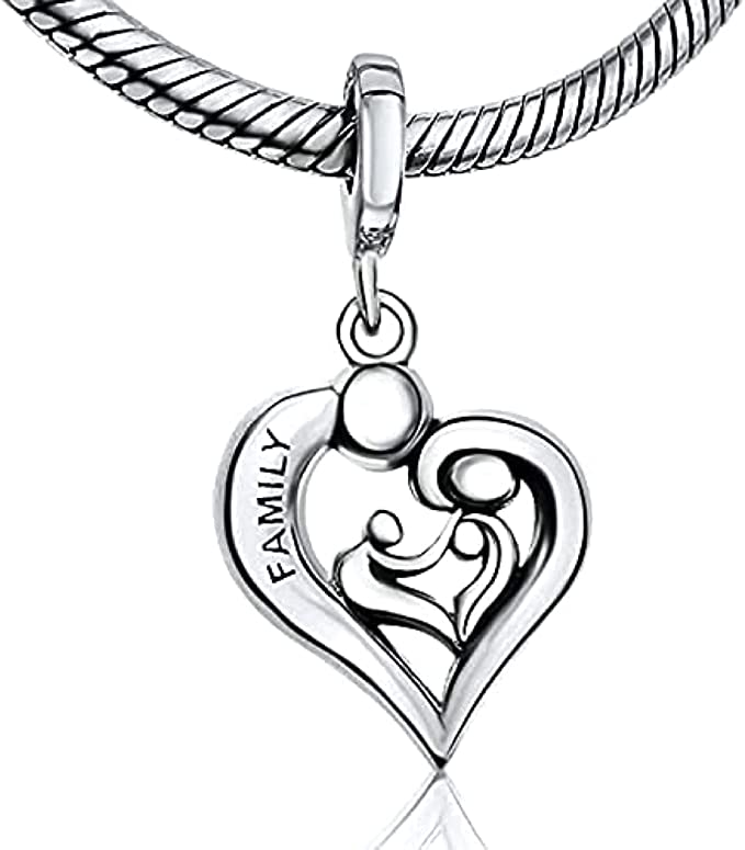 Family Heart Mothers Fathers Day Sterling Silver Dangle Pendant Bead Charm - Bolenvi Pandora Disney Chamilia Jewelry 