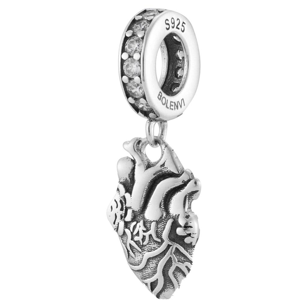 Anatomical Heart Organ Sterling Silver Dangle Pendant Bead Charm - Bolenvi Pandora Disney Chamilia Cartier Tiffany Charm Bead Bracelet Jewelry 