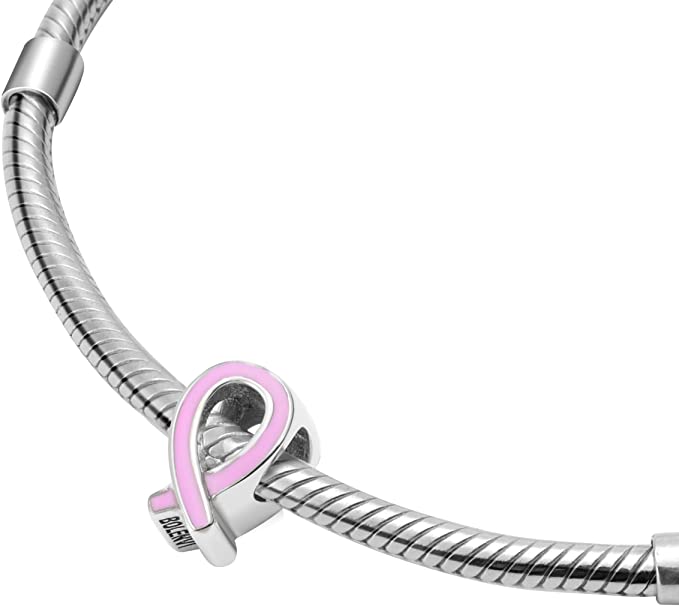 Pink Ribbon Silver Bead Charm - Bolenvi Pandora Disney Chamilia Cartier Tiffany Charm Bead Bracelet Jewelry 