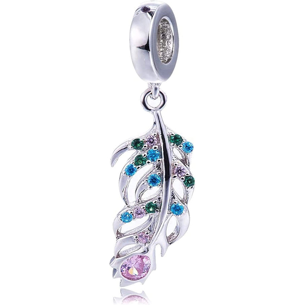 Colorful Bird Feather Sterling Silver Dangle Pendant Bead Charm - Bolenvi Pandora Disney Chamilia Cartier Tiffany Charm Bead Bracelet Jewelry 
