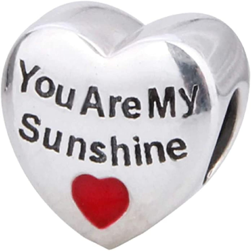 You are My Sunshine Heart Sterling Silver Bead Charm - Bolenvi Pandora Disney Chamilia Cartier Tiffany Charm Bead Bracelet Jewelry 