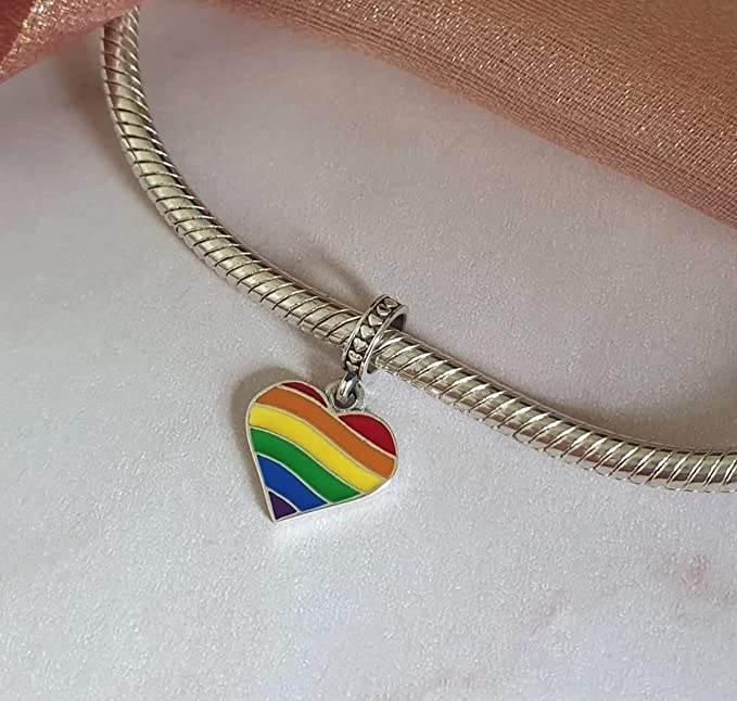 Pride Rainbow Heart LGBTIQ+ Sterling Silver Dangle Pendant Bead Charm - Bolenvi Pandora Disney Chamilia Cartier Tiffany Charm Bead Bracelet Jewelry 