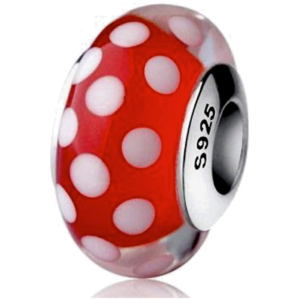 Red Polka Dotted Murano Glass Sterling Silver Bead Charm - Bolenvi Pandora Disney Chamilia Jewelry 