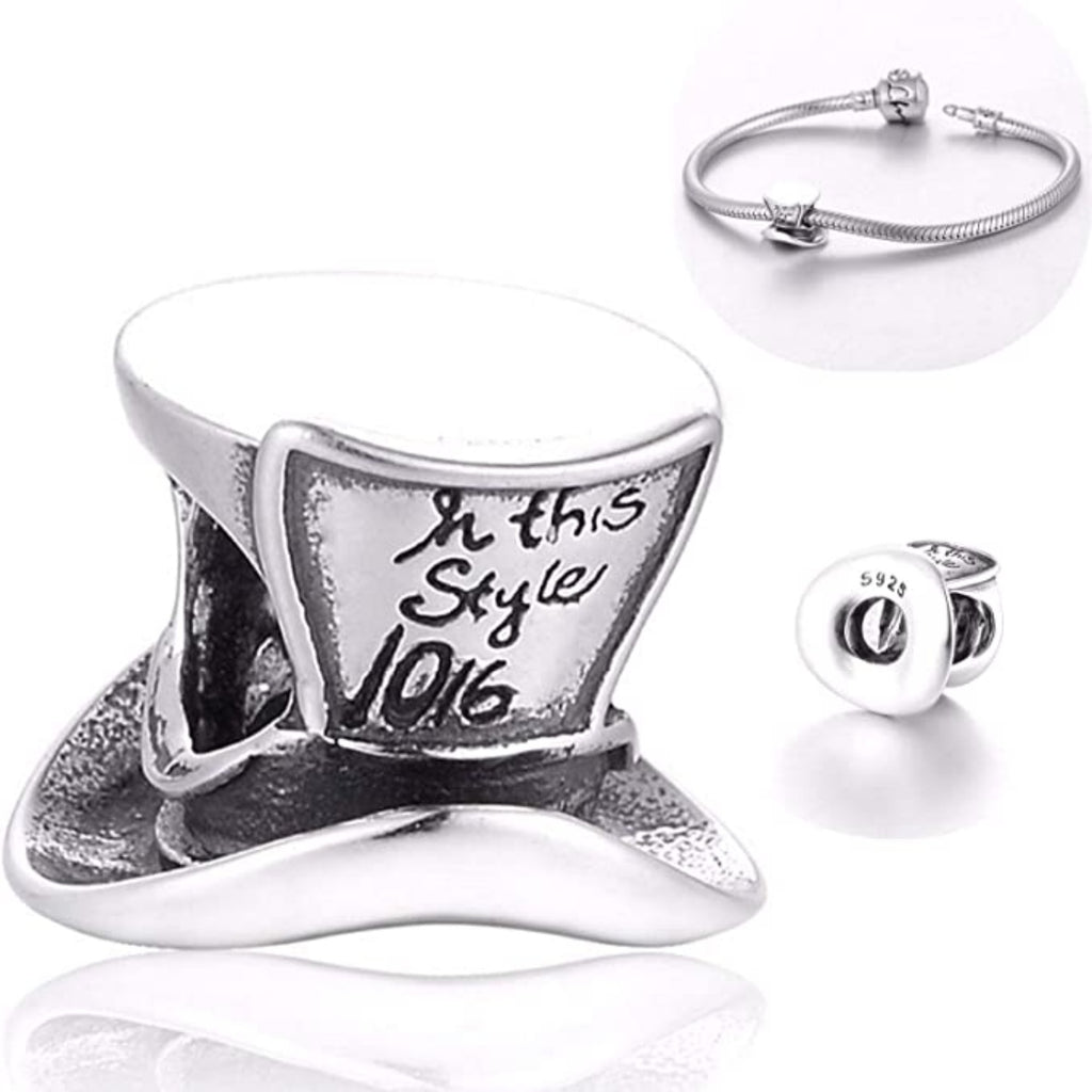 Mad Hatter's Hat Alice in Wonderland Sterling Silver Dangle Pendant Bead Charm - Bolenvi Pandora Disney Chamilia Jewelry 