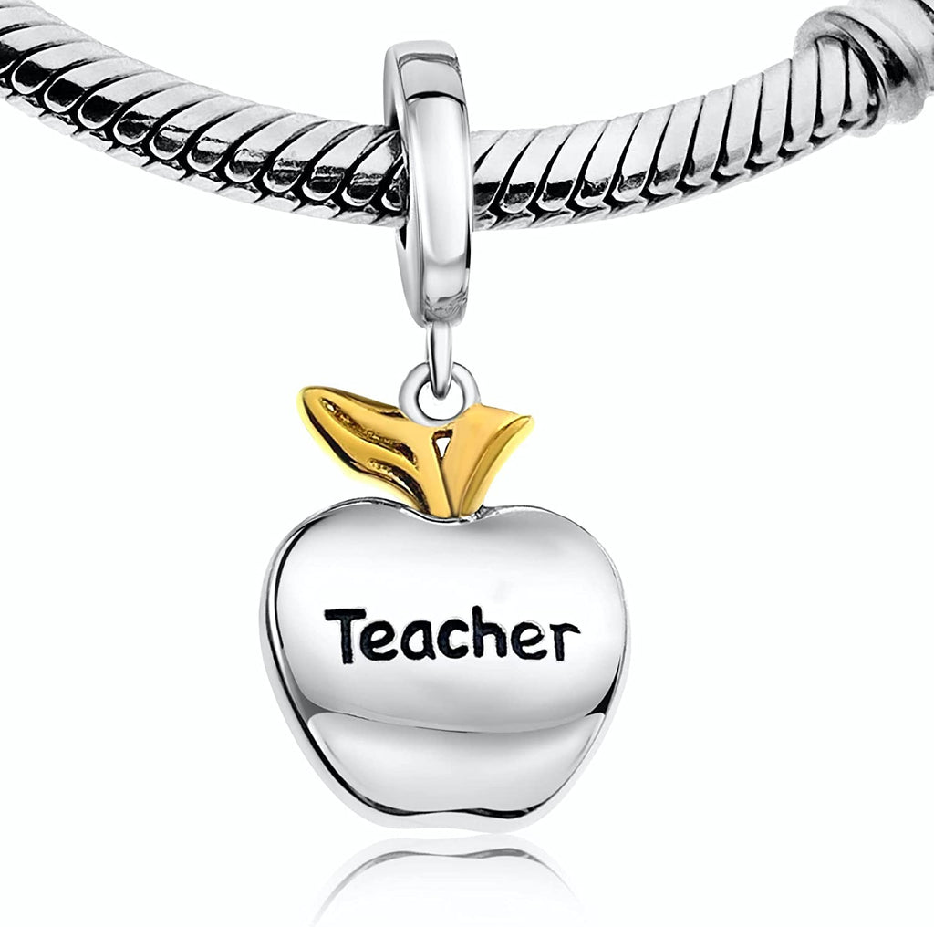 Teacher Apple Sterling Silver Dangle Pendant Bead Charm - Bolenvi Pandora Disney Chamilia Cartier Tiffany Charm Bead Bracelet Jewelry 