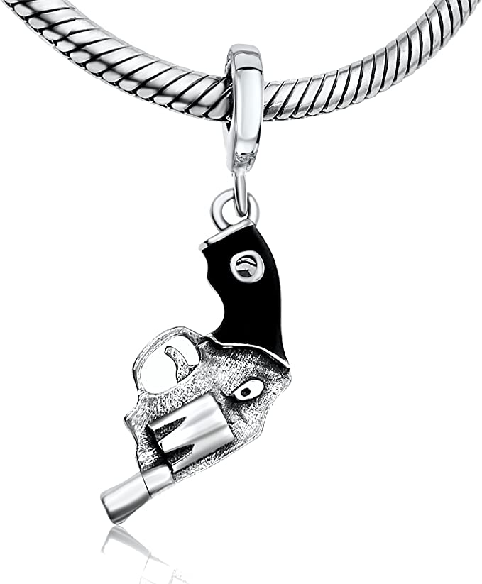 Gun Revolver Pistol Sheriff Police Sterling Silver Dangle Pendant Bead Charm - Bolenvi Pandora Disney Chamilia Jewelry 