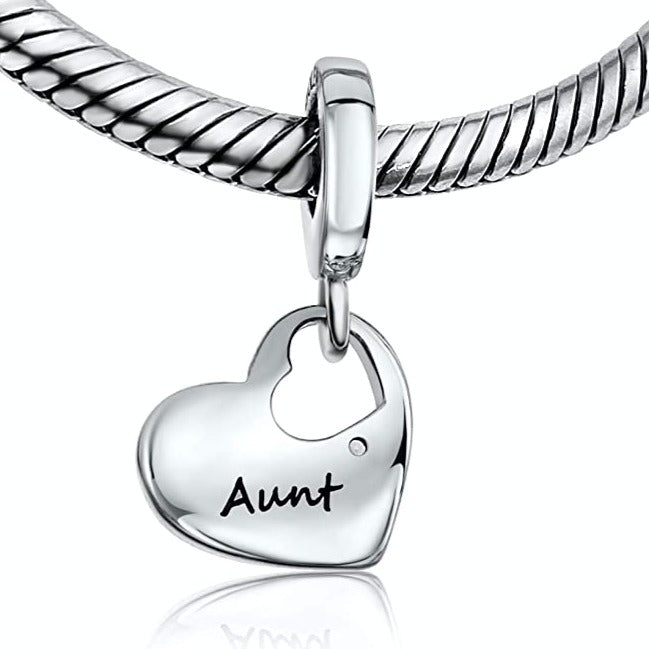 Aunt Love Family Heart Sterling Silver Dangle Pendant Bead Charm - Bolenvi Pandora Disney Chamilia Jewelry 