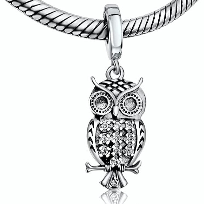 Sitting Night Owl Sterling Silver Dangle Pendant Bead Charm - Bolenvi Pandora Disney Chamilia Jewelry 