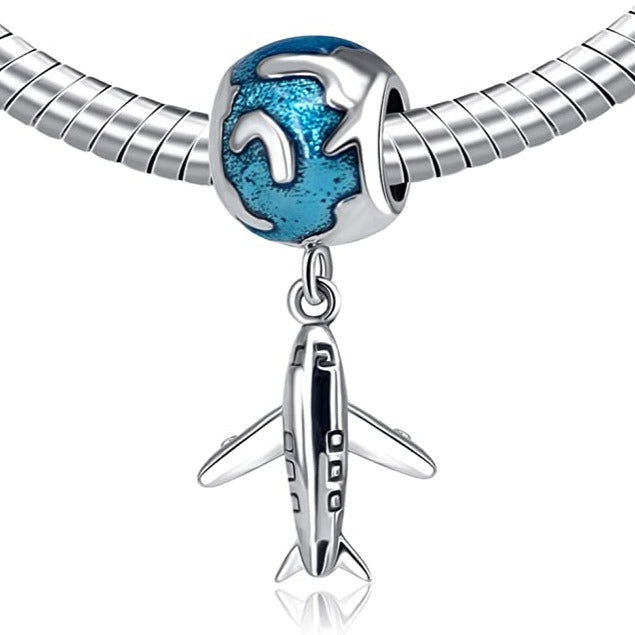 Airplane Plane Traveling Globe Sterling Silver Dangle Pendant Bead Charm - Bolenvi Pandora Disney Chamilia Cartier Tiffany Charm Bead Bracelet Jewelry 