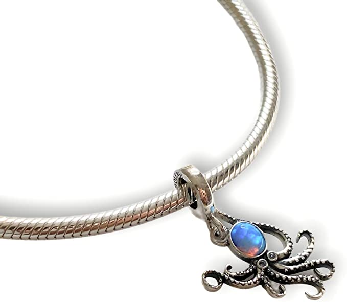 Opal Octopus Sterling Silver Dangle Pendant Bead Charm - Bolenvi Pandora Disney Chamilia Jewelry 