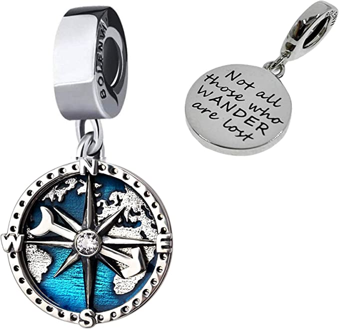 Not All Those Who Wander Are Lost Compass Earth Sterling Silver Dangle Pendant Bead Charm - Bolenvi Pandora Disney Chamilia Cartier Tiffany Charm Bead Bracelet Jewelry 