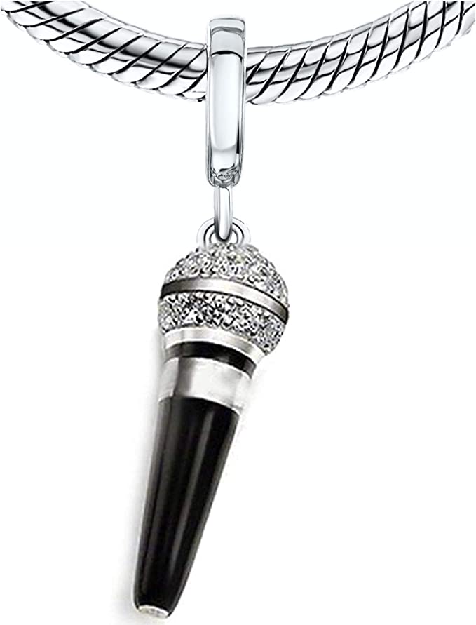 Crystallized Microphone Singer Speaker Sterling Silver Dangle Pendant Bead Charm - Bolenvi Pandora Disney Chamilia Jewelry 