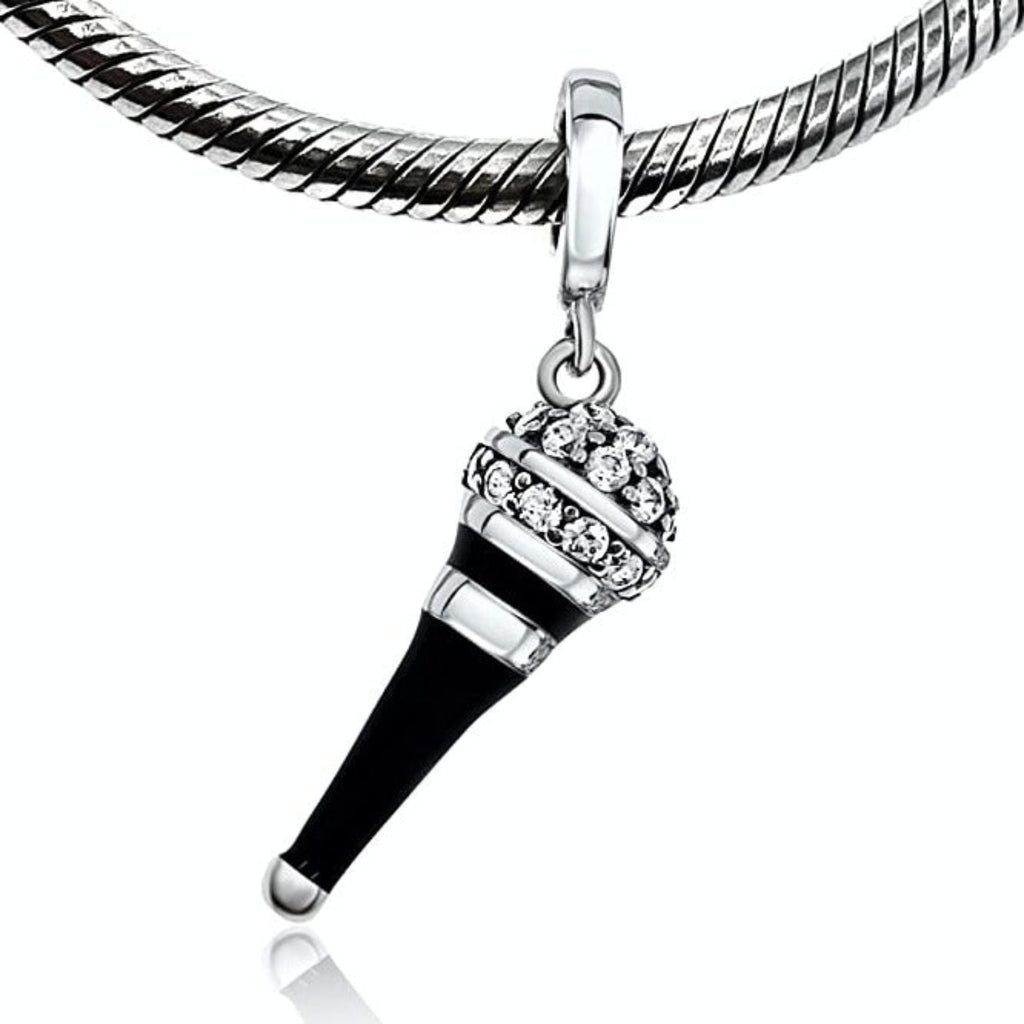 Crystallized Microphone Singer Speaker Sterling Silver Dangle Pendant Bead Charm - Bolenvi Pandora Disney Chamilia Jewelry 