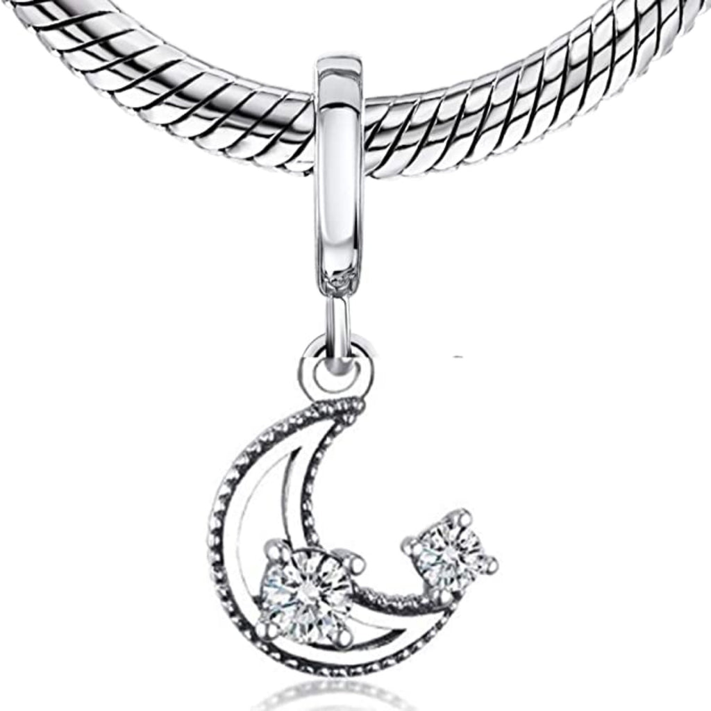 Crescent Moon Crystal Stars Sterling Silver Dangle Pendant Bead Charm - Bolenvi Pandora Disney Chamilia Cartier Tiffany Charm Bead Bracelet Jewelry 