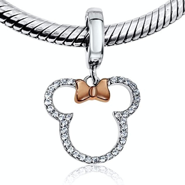 Crystallized Mouse Gold Bow Sterling Silver Dangle Pendant Bead Charm - Bolenvi Pandora Disney Chamilia Jewelry 