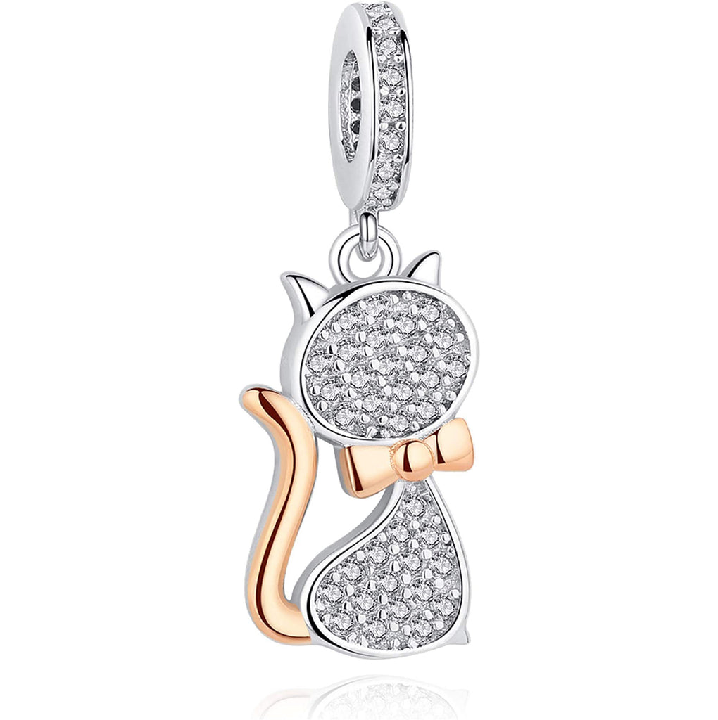 Crystal Kitty Cat Sterling Silver Dangle Pendant Bead Charm - Bolenvi Pandora Disney Chamilia Cartier Tiffany Charm Bead Bracelet Jewelry 