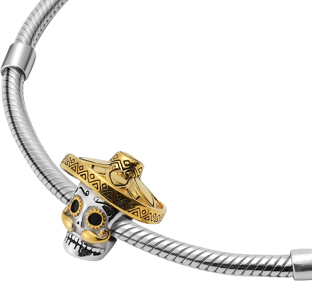 Mexican Sugar Skull with Sombrero Sterling Silver Bead Charm - Bolenvi Pandora Disney Chamilia Cartier Tiffany Charm Bead Bracelet Jewelry 