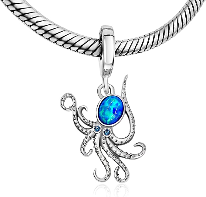 Opal Octopus Sterling Silver Dangle Pendant Bead Charm - Bolenvi Pandora Disney Chamilia Jewelry 