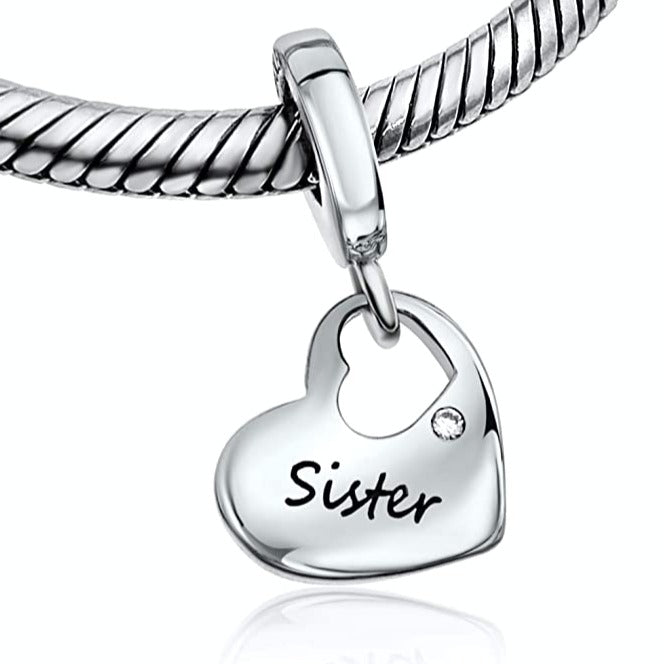 Sister Love Family Heart Sterling Silver Dangle Pendant Bead Charm - Bolenvi Pandora Disney Chamilia Jewelry 